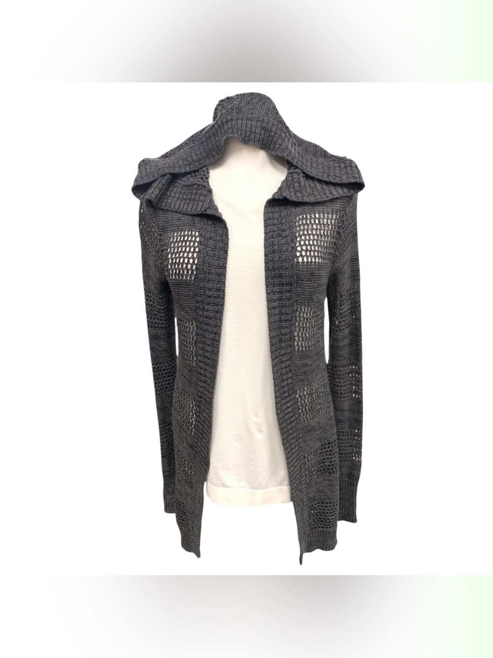 Roxy Charcoal Open-Knit Hooded Cardigan - Sweater Size M